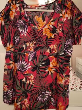 Speed Limit Women's Pink Tropical Floral V-Neck Top